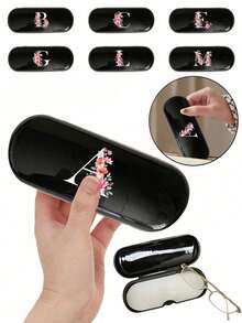 This Eyeglass Case Features A White Rose Flower Pattern, Decorated With Letters A-Z. Brand New Fashionable And Minimalist Design, Portable And Waterproof/Dustproof (Small Size, Plastic Material). Hard Shell Eyeglass Case, Decorated With White Rose Print And Letter Abbreviations. - Coffee Brown - View 14