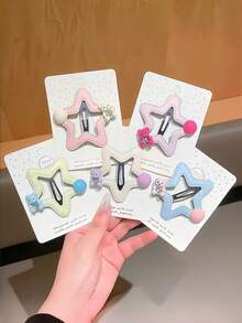 5pcs Cute Hollow Star-Shaped BB Hair Clips, Mini Bear Design With Rhinestone And Pearl Decor, Soft Pink BB Hair Clips, Suitable For Girls' Y2K Style Side-Parted Hair Accessories - Multicolor - View 1