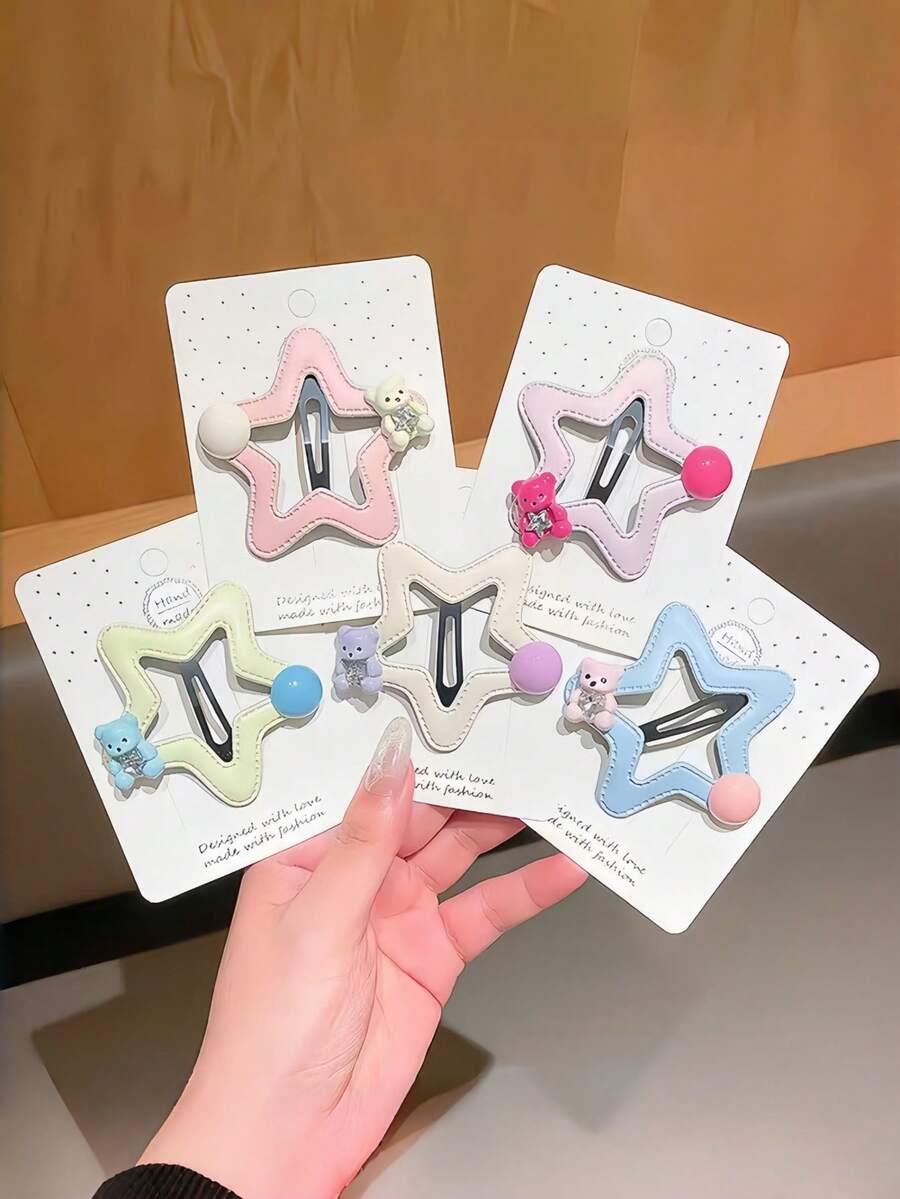 5pcs Cute Hollow Star-Shaped BB Hair Clips, Mini Bear Design With Rhinestone And Pearl Decor, Soft Pink BB Hair Clips, Suitable For Girls' Y2K Style Side-Parted Hair Accessories - Multicolor - View 1