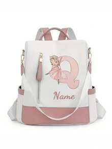 Personalized Custom Name A-Z 26 English Letters Premium Backpack, Fashion Anti-Theft Versatile Large Capacity Travel School Bag, Exquisite Cute Pink Ballet Girl Pattern Fashion Contrast Color Design Lightweight Large Capacity, Perfect For Daily Outings, Work Commute, School - White and Pink - View 28