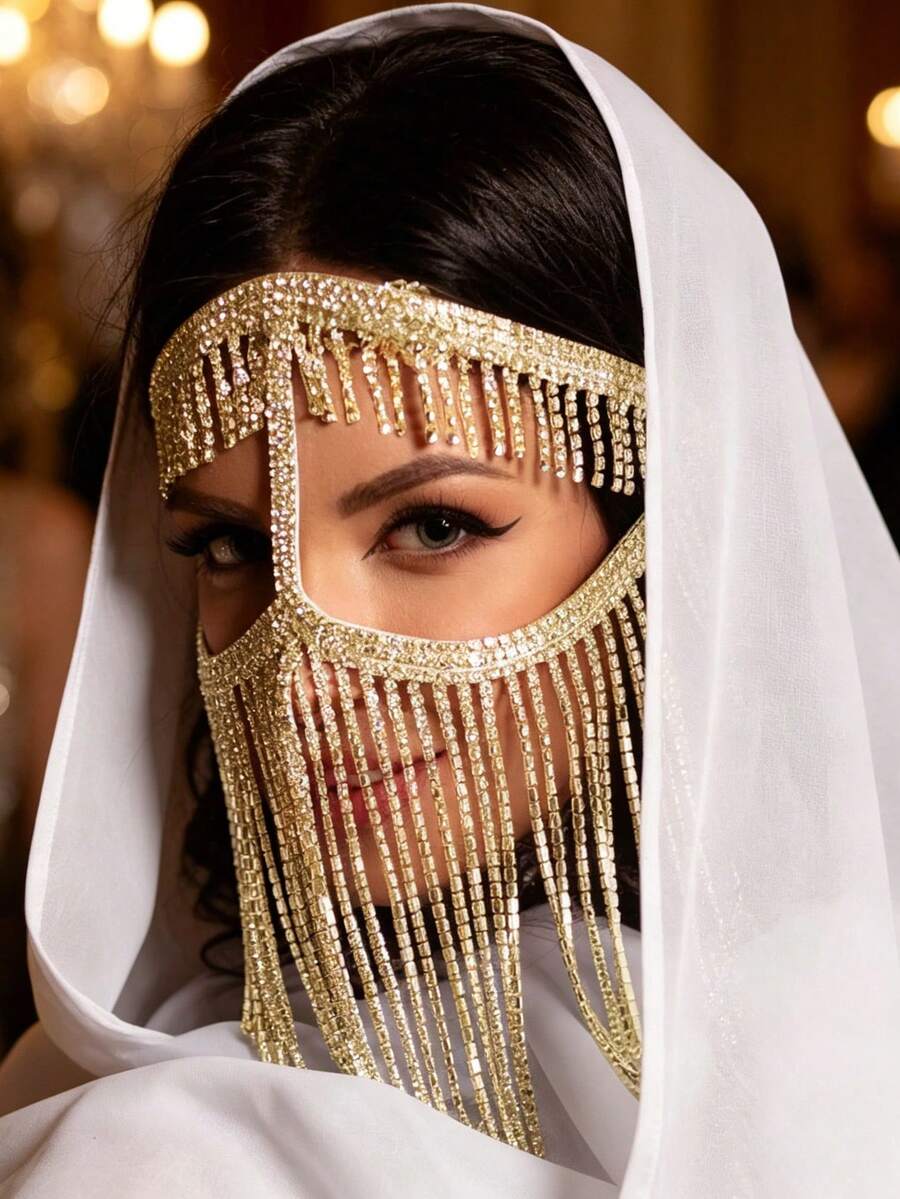 New Style Mask Head Chain Tassel Veil Women's Headpiece Rhinestone Chain Ball Gown Personalized Sexy Face Jewelry - Gold - View 1