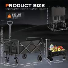 220/450/680 Lbs Capacity Heavy-Duty All-Terrain Folding Cart - Iron Frame And 600D Oxford Fabric, Foldable Multi-Purpose Wagon For Camping, Gardening, Beach, Shopping,Track And Field Equipment Transport Vehicle, No Assembly Required - 黑色 - 查看 3