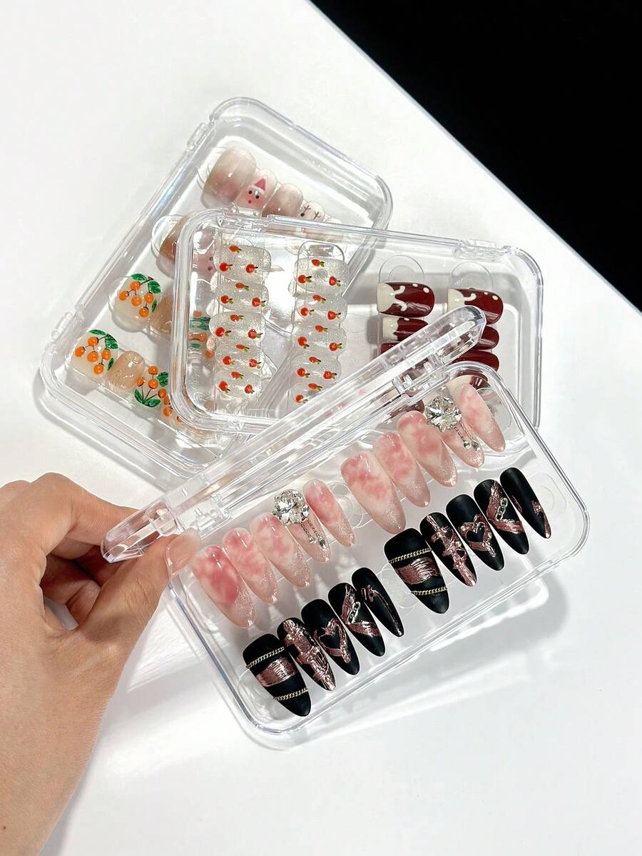 Large Rectangular High-Definition Nail Art Storage Box, Visible Stackable Handmade Press-On Nail Display Box, Portable Minimalist Push-Button False Nail Display Packaging Empty Box - Clear - View 1