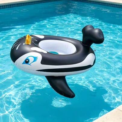 シャチ型インフレータブルスイムリング、脚穴付きカートゥーン動物プールフロート、滑り止めハンドル付き、水泳に適しています