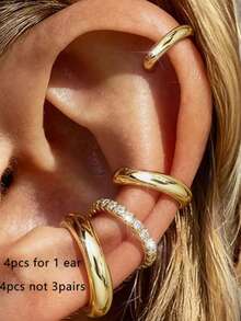 4pcs Minimalist Ear Cuffs, Stackable, No Piercing Required, Suitable For Daily Office Wear (4pcs Set, Not 4 Pairs) - Gold - View 1