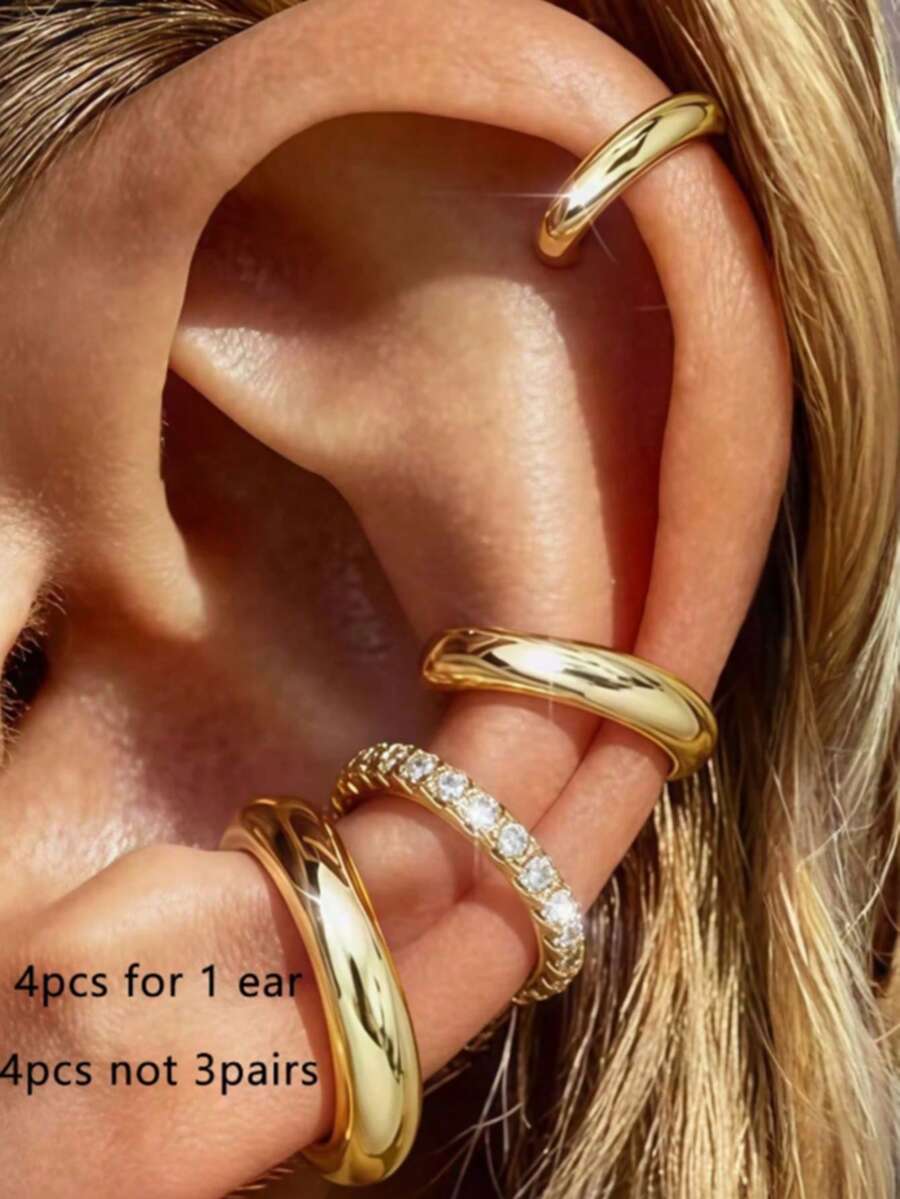 4pcs Minimalist Ear Cuffs, Stackable, No Piercing Required, Suitable For Daily Office Wear (4pcs Set, Not 4 Pairs) - Gold - View 1