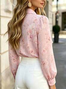 Fashionable Women's Long Sleeve Floral Print Blouse, Ruffle Trim, Front Button Closure, Pearl Embellishment, Semi-Sheer Polyester Top Pink Vacation - Pink - View 3