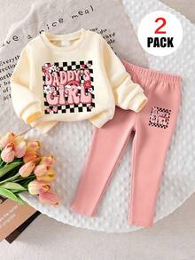 2pcs/Set Infant Girl Slogan Print Crew Neck Long Sleeve Sweatshirt And Leggings Outfit, Fashionable And Cute, Suitable For Autumn/Winter - Multicolor - View 2