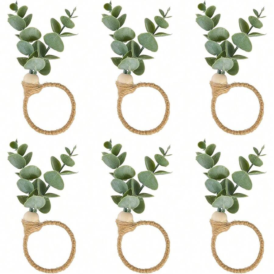 6pcs Napkin Rings, Including Rustic Farmhouse Style, Eucalyptus, Wooden And Bohemian Green Leaf Napkin Rings. Suitable For Spring/Summer, Thanksgiving, Christmas, Bridal Shower And Wedding Table Decor - Green - View 1