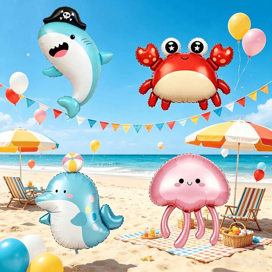 4 Peças Conjunto de Balões de Animais Marinhos, Decoração de Festa do Mundo Subaquático - Tubarão Pirata, Baleia, Água-viva, Caranguejo Balões de Folha, Adequado para Aniversário de 7 Anos de Crianças, Chá de Bebê, Suprimentos de Festa com Tema Oceânico - animais marinhos - Visão 1