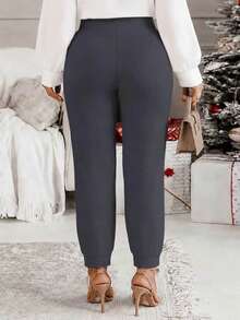 Nueva llegada de ropa de moda para mujer de talla grande, versátil para todas las estaciones, pantalones largos casuales con puños - Gris Oscuro - Ver 2