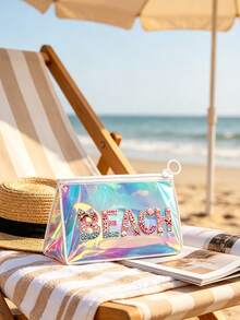 Iridescent Laser Transparent PVC Beach Tote Bag, Large Capacity Beach Letter + Matching Pattern Zipper Pouch, Waterproof Sand-Resistant Easy To Clean, Can Store Swimwear, Towels, Sunscreen, Cosmetics, Suitable For Beach Vacation, Pool Party, Camping Picnic, Short Trip Scenarios, Suitable For Students, Moms, Travel Girls, Qixi, Birthday, Summer Festival Gift, Also Can Be Used As Toiletry Bag, Shopping Bag, Travel Storage Bag - Multicolor - View 6