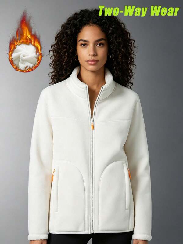 2-In-1 Reversible Fleece Jacket Women, Stand Collar Zipper, Solid Color Plush Jacket For Autumn/Winter Sports