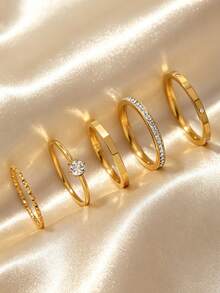 5-delat elegant ringset för kvinnor i rostfritt stål med geometriska strass- och zirkoniastenar, lämpligt för dagligt bruk, dejter, semester och festtillbehör - Guld - Visa 3