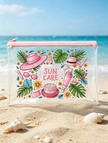 「Sun Protection」印花 PVC 化妝包，拉鍊式 PVC 旅行收納袋，輕量且耐褪色，TSA 合規易攜帶，易擦拭清潔，適合送給老師或朋友的禮物，也是學校假期旅行必備的防水盥洗包 - 彩色 - 查看 13