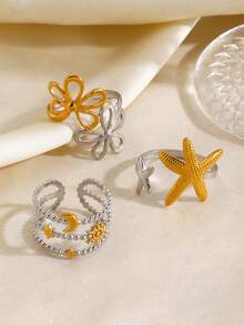 3pcs Stainless Steel 18K Gold Plated Dual-Tone Star Moon Ring Set, Suitable For Women's Daily Wear And Vacation - Multicolor - View 5
