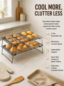 1/2/3pcs Baking Cooling Rack, Carbon Steel Wire Cookie Cooling Rack, Multi-Layer Stackable Cookie Rack, Suitable For Cakes, Pastries And Fruits, Foldable, Dishwasher (Black), Dessert Cooling Rack, Suitable For Holiday Gifts, Christmas, Halloween, Thanksgiving, Party - Multicolor - View 2