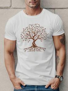 Breathable Summer Graphic Tee - Men's Tree Of Life Casual Short Sleeve T-Shirt, Polyester - 黑色 - 查看 8