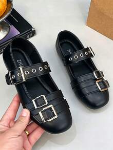 1 Pair Buckle Flat Square Toe Low-Top Shoes - Black - View 1
