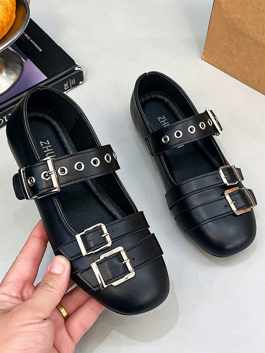 1 Pair Buckle Flat Square Toe Low-Top Shoes - Black - View 1
