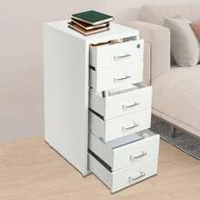 1Pc White 6-Drawer Coated Steel Under Desk Mobile Pedestal With Central Anti-Theft Lock & Brake Casters, Anti-Tilt Rolling Storage Cabinet For A4 Documents, Stationery, Art Supplies, Cosmetics, Home Studio & Office Organization - White - View 6