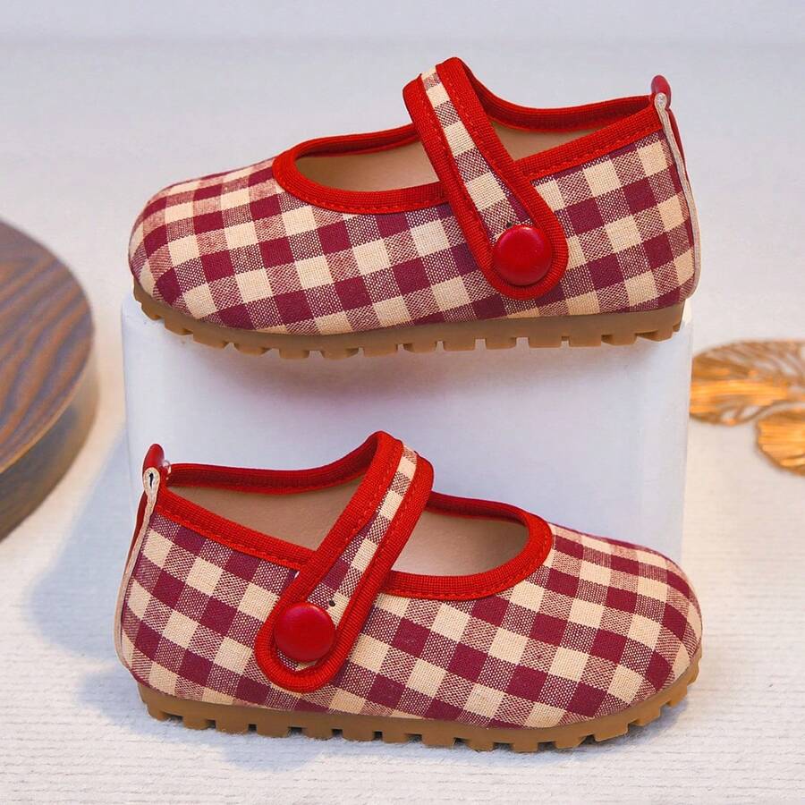 Sepatu Loafer Mengemudi Datar Sol Lembut Motif Kotak-kotak untuk Bayi & Balita - Merah - View 1