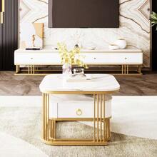Stackable Coffee Table: High-Gloss Marble Look, Gold Accents, Side Table With Drawers. Two-Piece Set. - 白色 - 查看 6