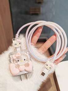SANRIO DIY數據線充電器保護套，數據線收納標籤防盜，高品質，適用於 17 16 15 14 13 12 11手機20W充電器，買家需手動DIY安裝配件 - 波點蝴蝶結款 - 查看 3