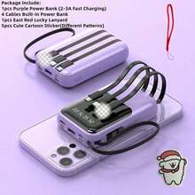 LADAPU 10000mAh 迷你可爱口袋大小 5V2A 快速充电便携式卡通移动电源，小尺寸大容量高外观，内置 4 根电缆，高速充电电池，超亮 LED 灯，适用于 iPhone 16 15 14 13 12 11/Pro/Max/Plus/Mini/8/SE/X/XS、Airpods 4/3/2/Pro2/Pro 适用于 Apple IPhone、iPad、Android 手机，适合家人、朋友、生日、冬季、情人节、复活节的礼物适合户外玩耍、购物、旅行，便携式电源超级快速充电，显示电池电量，带 USB 和 Type-C 端口的便携式充电器设备，安全稳定的聚合物锂电池 - 紫色 - 查看 2