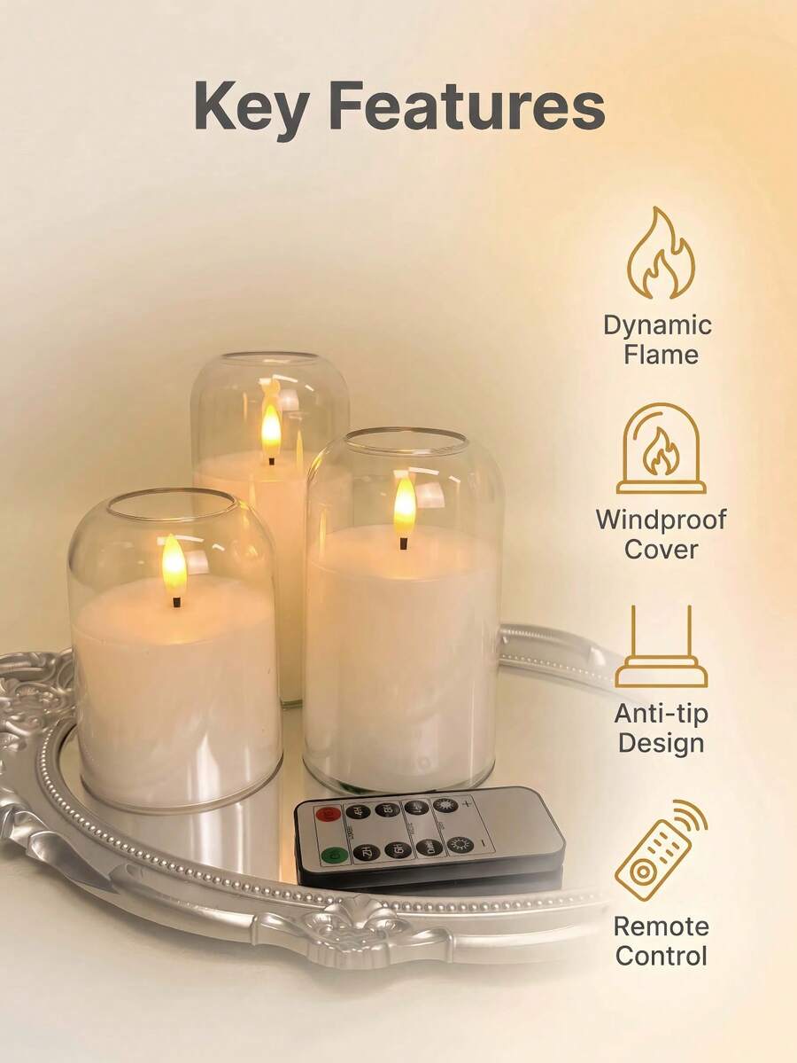 無火 LED 柱狀蠟燭燈,附遙控器與定時功能,3 件組透明電池供電蠟燭,經典優雅家居裝飾,逼真 3D 閃爍燭芯,適用於婚禮、聖誕壁爐爐架、層架,白色 - 白色 - 查看 1