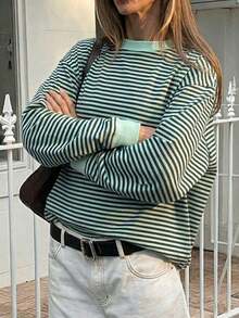 Queen Closet 女款秋冬寬鬆大碼針織長袖上衣，休閒 Y2K 條紋圓領 T-shirt，適合日常穿著與街頭風格 - 綠色 - 查看 7