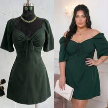 Plus Size Short Princess Dress, Loose Fit, With Gathered Neckline And Short Sleeves, Elegant, Sizes 46 To 56 - Green - View 1