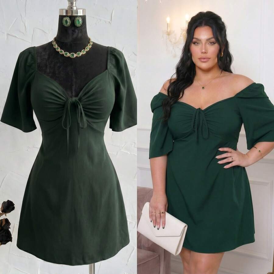 Plus Size Short Princess Dress, Loose Fit, With Gathered Neckline And Short Sleeves, Elegant, Sizes 46 To 56 - Green - View 1