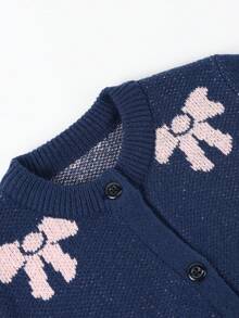 Teen Girls Deep Blue All-Over Print Bow Round Neck Cardigan, Spring/Autumn Short Loose Single-Breasted Casual Knit Top - Blue - View 7