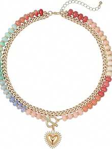 1pc Multi-Layer Dopamine Bead Necklace, Colorful Alloy Heart Pendant Choker Necklace For Women - Multicolor - View 3