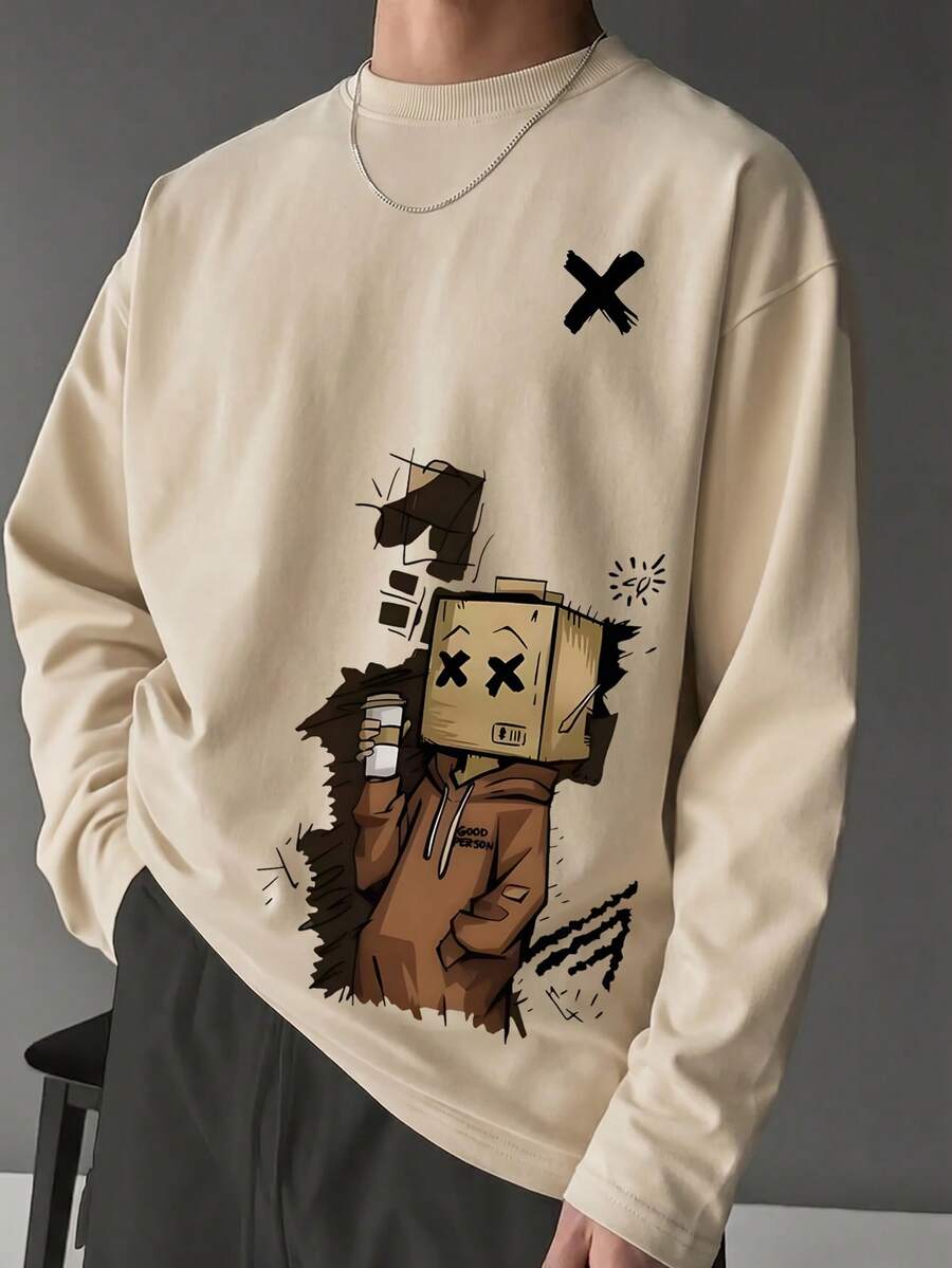 Men's Casual Minimalist Versatile Slow Living Theme Print Daily All-Match Long Sleeve T-Shirt, Spring/Autumn