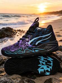 1 Pair Black & Purple Camo Graffiti Dream Basketball Shoes, Campus Style Basketball Game Shoes, Training Shoes, Wear-Resistant, Non-Slip, Shock-Absorbing, Soft & Bouncy, Breathable, Comfortable - Black - View 2