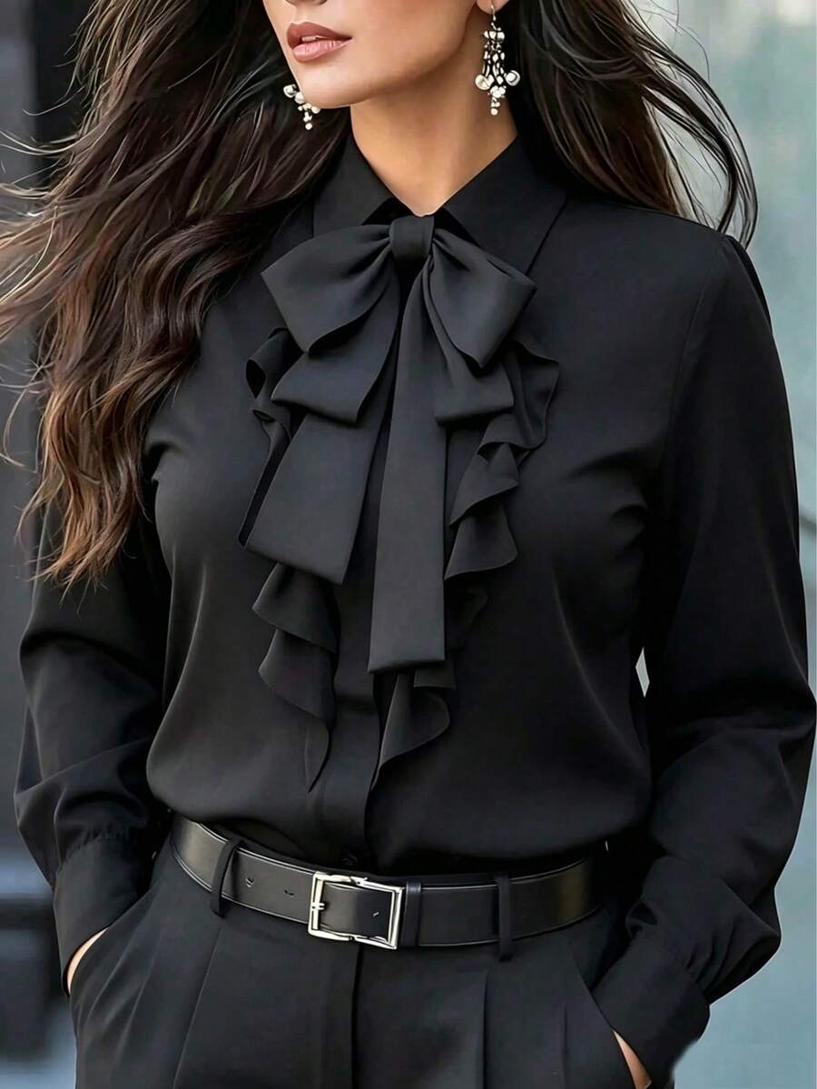 Plus Size Black Bow Tie Shirt With Ruffle Trim, Long Sleeve Regular Fit Top - Black - View 1