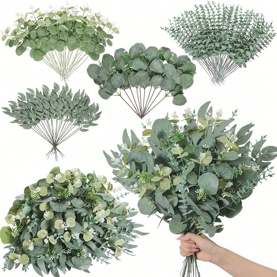50/100 pièces Tiges de feuilles d'eucalyptus artificielles, feuillage vert factice, convient pour les bouquets de vase de mariage, les couronnes, les accessoires d'arrangement floral, la décoration de la maison, la décoration de la chambre, les ornements de la maison, la décoration du jardin - Multicolore - Voir 1