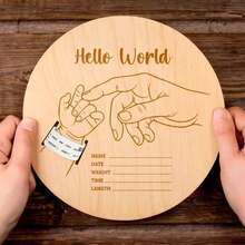 Newborn Announcement Hospital Bracelet Sign,Wooden Engraved Baby Birth Personalized Name Diy Hello World Board,Keepsake For New Parents - Round - View 9