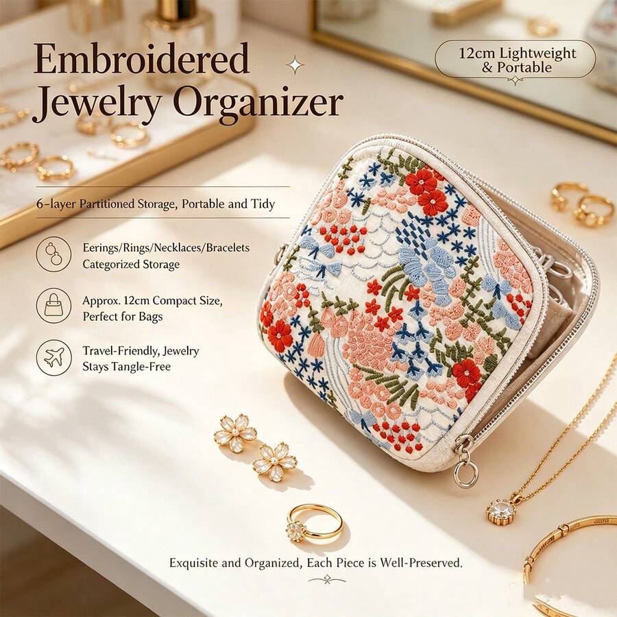 6-Compartment Independent Jewelry Storage Pouch, Embroidered 3D Floral Pattern, Soft Lining, Portable For Business Trips And Travel, Anti-Tangle Storage Bag For Jade Bangles, Gold, Bracelets, Beaded Bracelets, Travel Essential