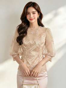 1pc Lace Women's Top For Vacation, Date, Wedding, Champagne Color - Champagne - View 3
