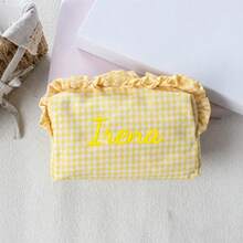Personalized Gingham Cosmetic Bag, Ruffle Trim Makeup Pouch, Custom Name Toiletry Organizer, Small Travel Storage Bag, Coin Purse, Cute Gift - Multicolor - View 19