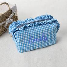 Personalized Gingham Cosmetic Bag, Ruffle Trim Makeup Pouch, Custom Name Toiletry Organizer, Small Travel Storage Bag, Coin Purse, Cute Gift - Multicolor - View 23