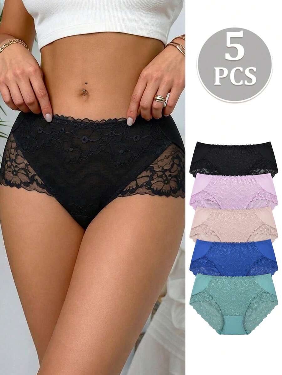 5pcs/Pack Multi-Color Mid-Waist Sheer Floral Lace Panties, Elastic Wavy Edge Lightweight Women's Triangle Briefs - Multicolor - View 1