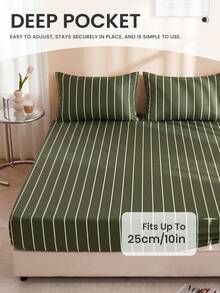 1pc Green Striped Fitted Sheet, Bedding, Mattress Protector, Home Textiles, Soft, Wrinkle-Resistant, Breathable And Comfortable, Suitable For All Bed Sizes, Dorm Bedding, Home Decor, Pillow And Pillowcase Not Included, Machine Washable, Back To School - Multicolor - View 4