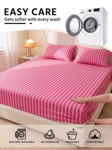 1pc Pink Striped Fitted Sheet, Bedding, Mattress Protector, Home Life, Home Textiles, Soft, Wrinkle-Resistant, Breathable And Comfortable, Suitable For All Bed Sizes, Dorm Bedding, Home Decor, Pillow And Pillowcase Not Included, Machine Washable, Back To School - Multicolor - View 6