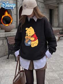 Start Plus Size Women's Autumn/Winter Fun "Disney Winnie The Pooh Eating Honey" Pattern Printed Street Y2k Clothing Black Large Round Neck Fall Casual - Black - View 1
