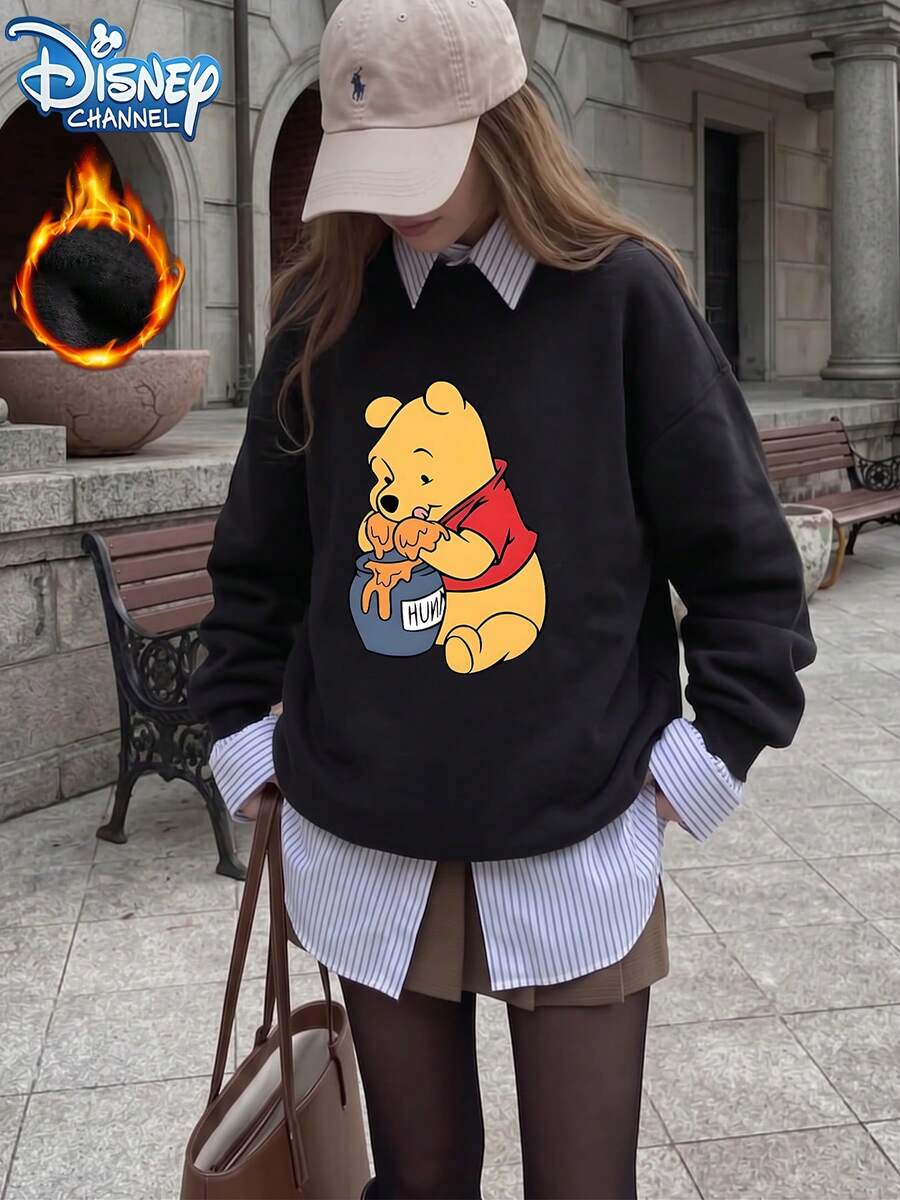 Start Plus Size Women's Autumn/Winter Fun "Disney Winnie The Pooh Eating Honey" Pattern Printed Street Y2k Clothing Black Large Round Neck Fall Casual - Black - View 1