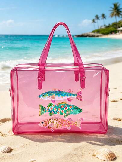 Transparent Waterproof Toiletry Bag, Cute Fish Print, Suitable For Storing Shampoo, Lotion, Cosmetics And Other Bathroom Supplies, Adds Fashionable And Practical Design For Travel And Daily Use, Suitable For Travelers, Office Workers, Students, Makeup Enthusiasts, Can Be Used For Travel, Fitness, Hotel Accommodation, Daily Bathroom Storage, Multi-Functional As Toiletry Bag, Travel Bag, Storage Bag, Beach Bag, Makeup Bag